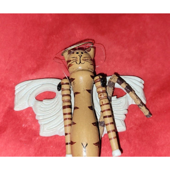 Vintage Folk Art Angel Wooden Jointed Arms Cat Hand Painted Christmas Ornament - Picture 3 of 5